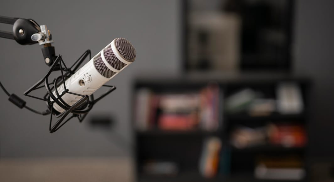 Side view radio microphone with copy space